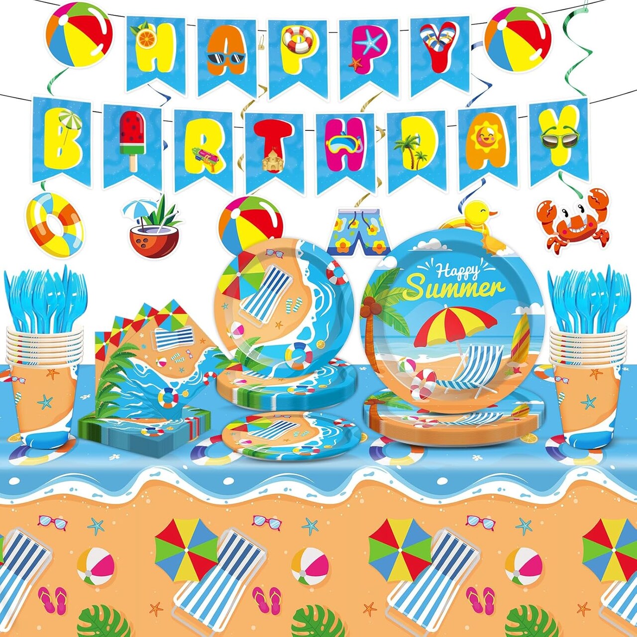 184-Piece Beach Party Supplies Set | Plates, Napkins, Cups, Tablecloth, Swirls & Banner for Hawaiian Luau, Pool Birthday Decor & Kids Favors (Serves 25)